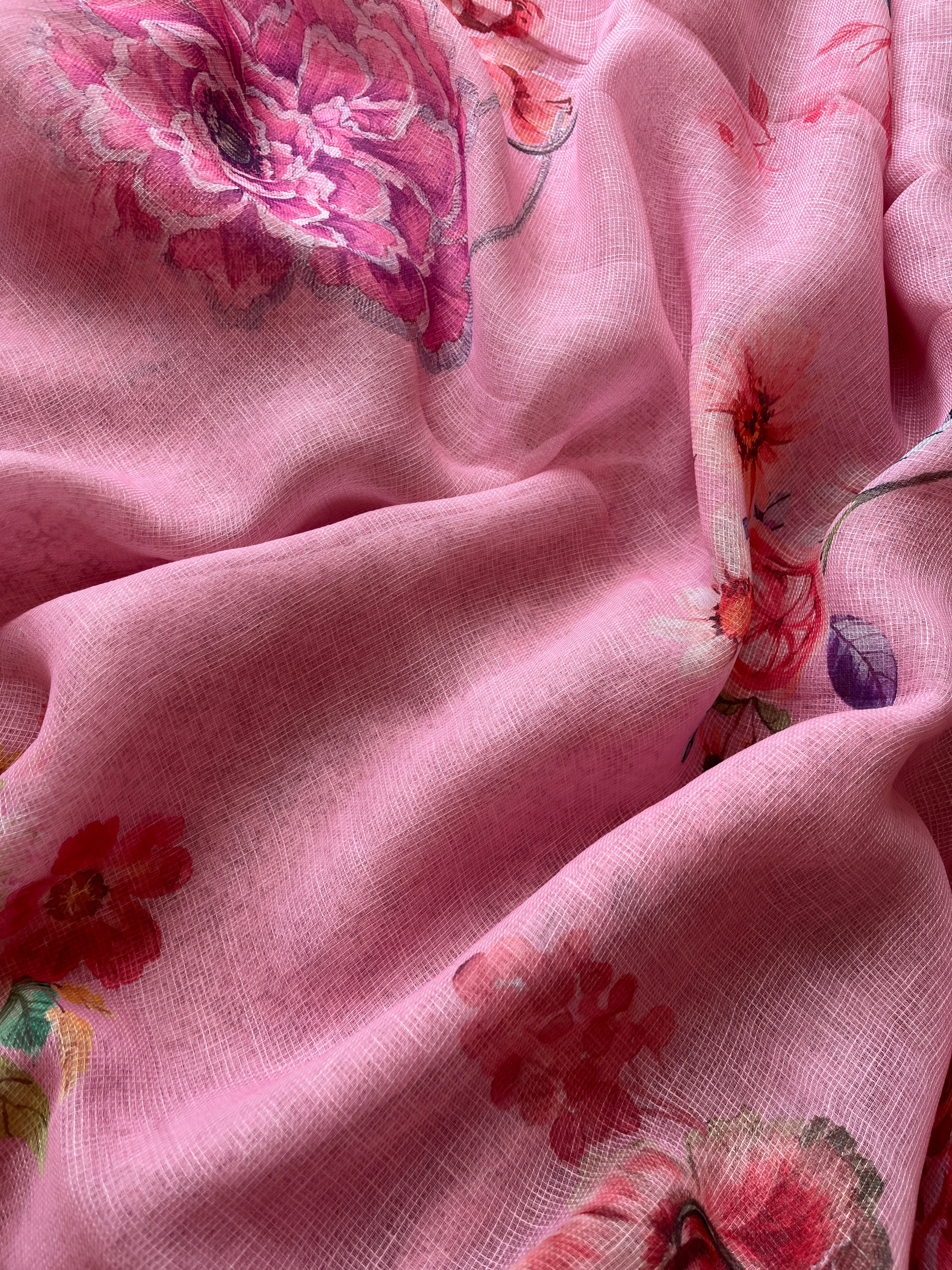 Pink Floral linen Silk Saree